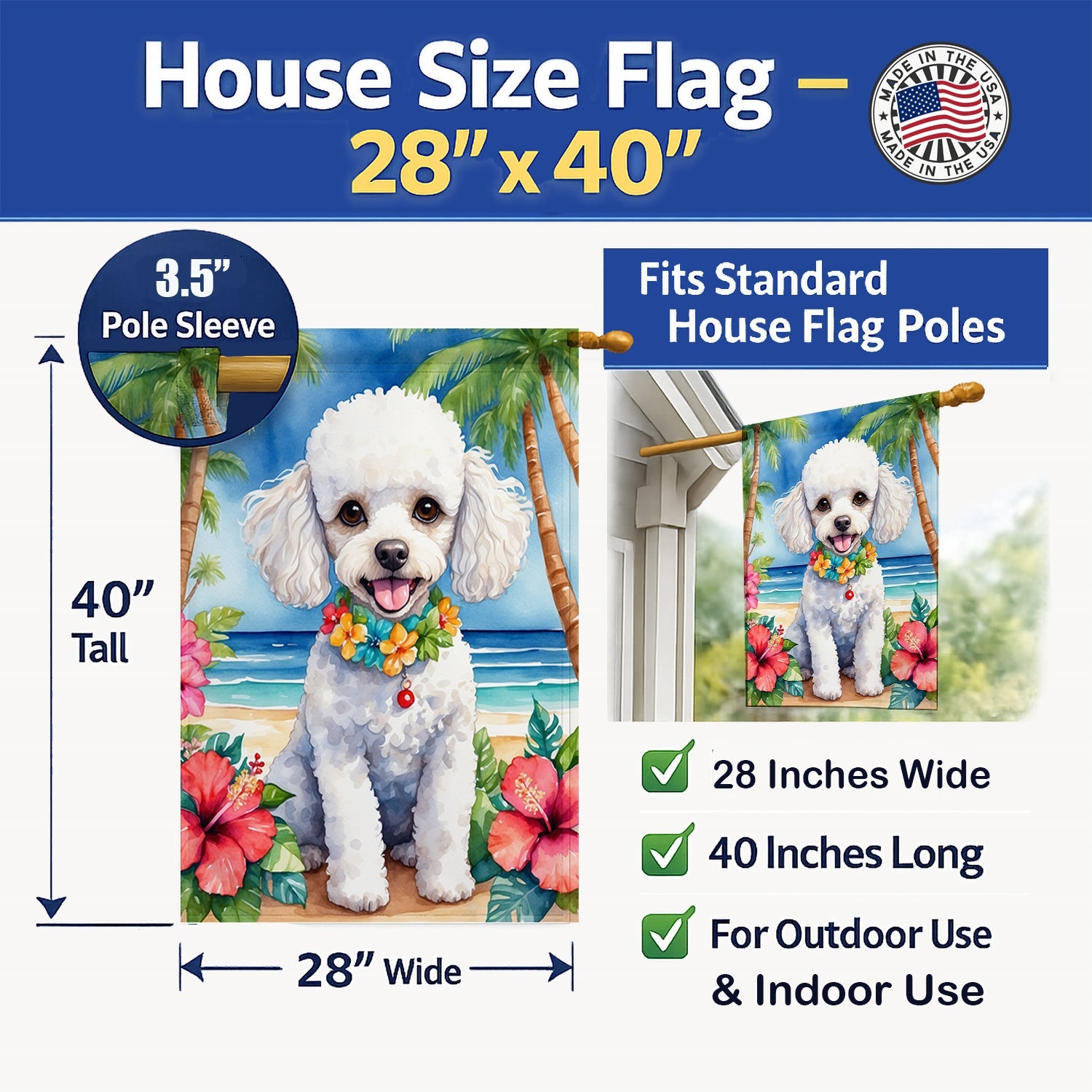 White Poodle Luau House Flag 28x40 Porch Sleeve Pole Decorative Outside Yard Banner Artwork Wall Hanging, Polyester