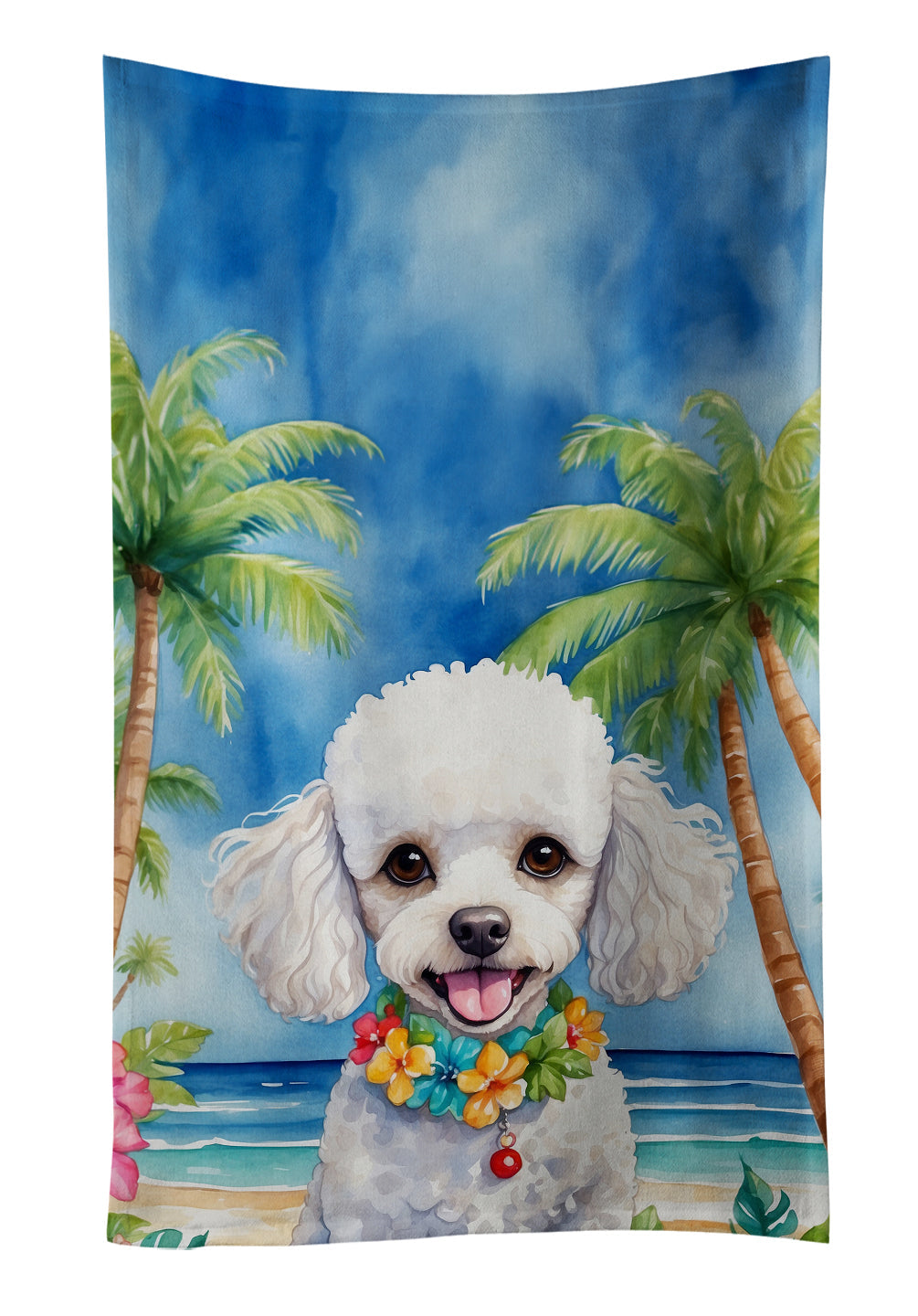 White Poodle Luau Kitchen Towel Velour Plush Front and Cotton Loop Back Machine Washable