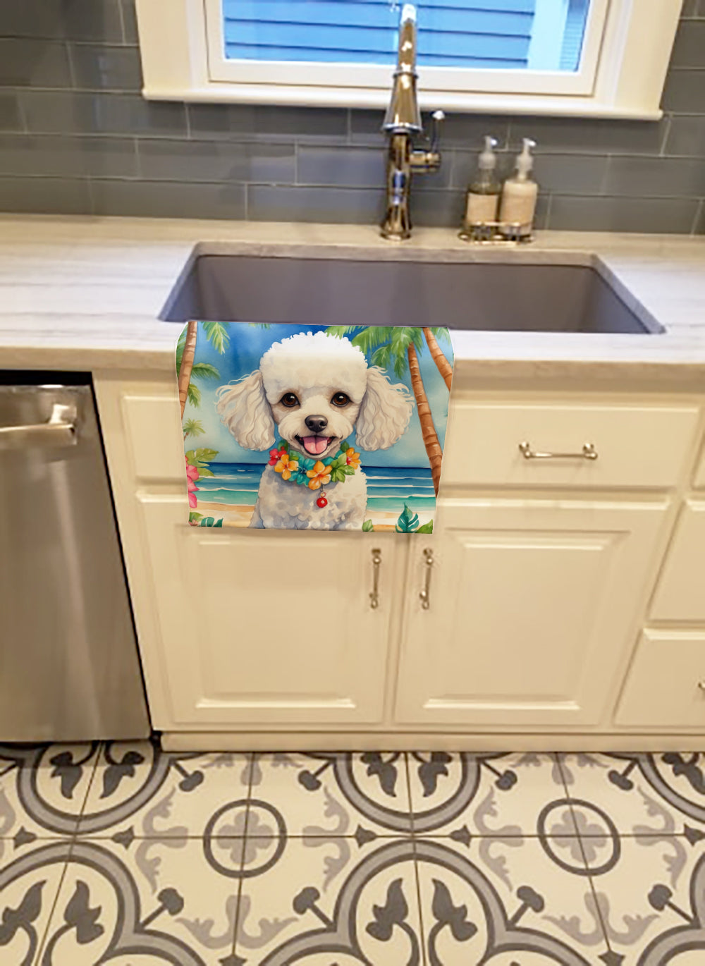 White Poodle Luau Kitchen Towel Velour Plush Front and Cotton Loop Back Machine Washable