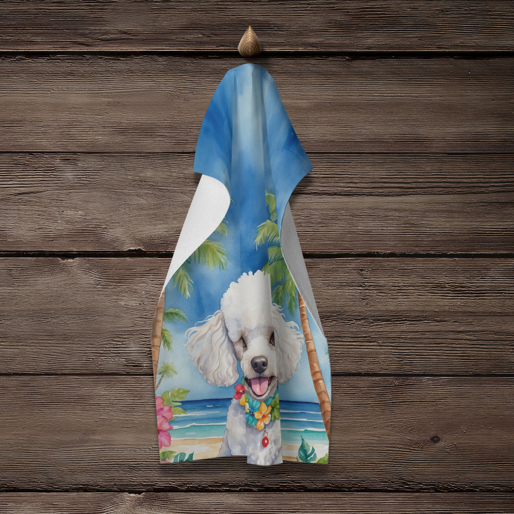 White Poodle Luau Kitchen Towel Velour Plush Front and Cotton Loop Back Machine Washable