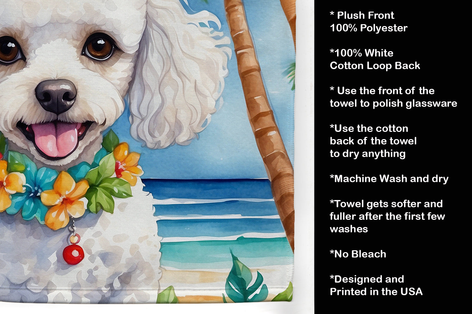 White Poodle Luau Kitchen Towel Velour Plush Front and Cotton Loop Back Machine Washable