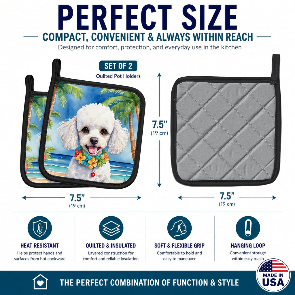White Poodle Luau Pot Holder Set of 2 Heat Resistant Quilted Hot Pads 7.5 x 7.5 Inch, Insulated Kitchen Trivets for Cooking & Baking