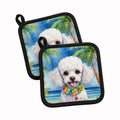 White Poodle Luau Pot Holder Set of 2 Heat Resistant Quilted Hot Pads 7.5 x 7.5 Inch, Insulated Kitchen Trivets for Cooking & Baking