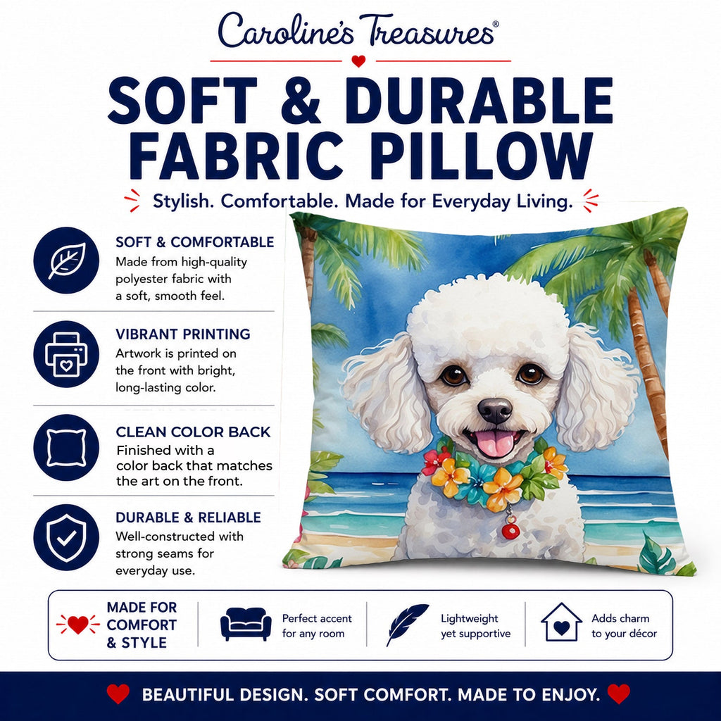 White Poodle Luau Decorative Throw Pillow 14x14 Indoor Outdoor Accent Cushion, Fabric Cover with Insert for Sofa, Bed, Porch & Living Room