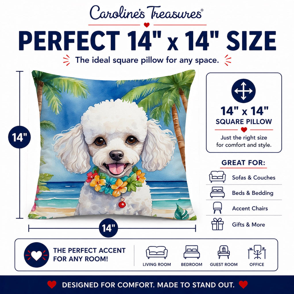 White Poodle Luau Decorative Throw Pillow 14x14 Indoor Outdoor Accent Cushion, Fabric Cover with Insert for Sofa, Bed, Porch & Living Room