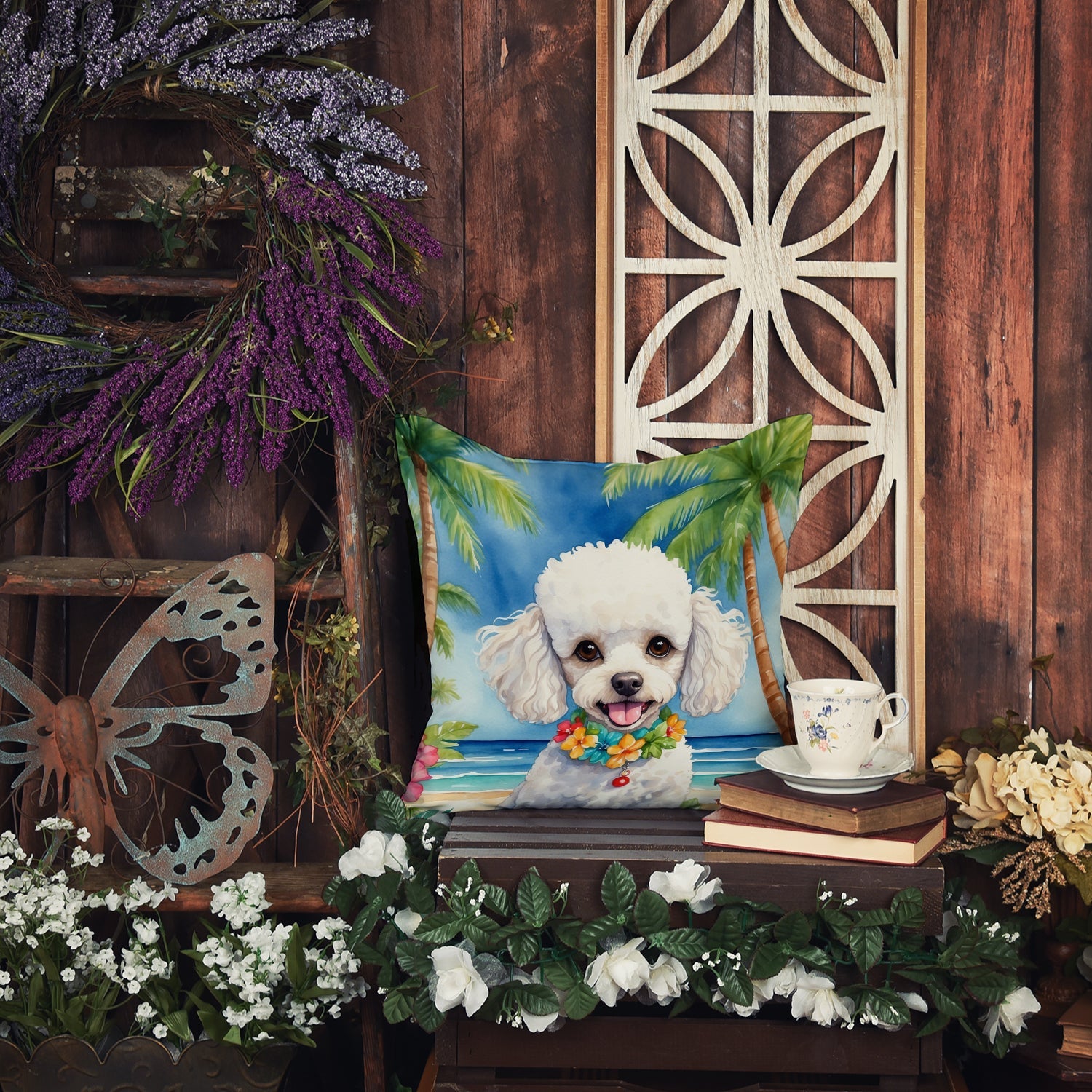 White Poodle Luau Decorative Throw Pillow 18x18 Indoor Outdoor Accent Cushion, Fabric Cover with Insert for Sofa, Bed, Porch & Living Room