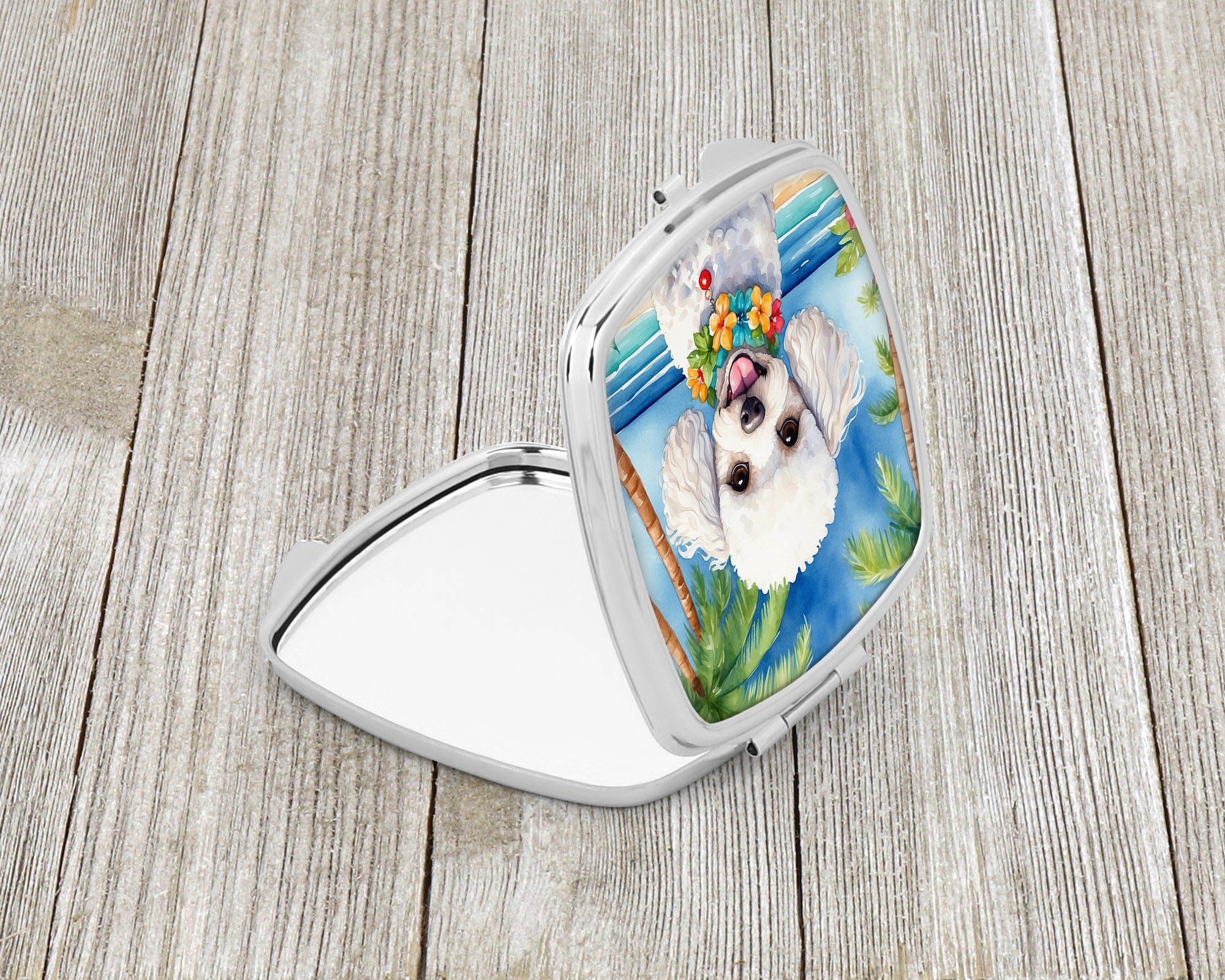 White Poodle Luau Compact Mirror Decorative Travel Makeup Mirror for Women Girls Gifts Pocket Makeup Mirror Folding Handheld