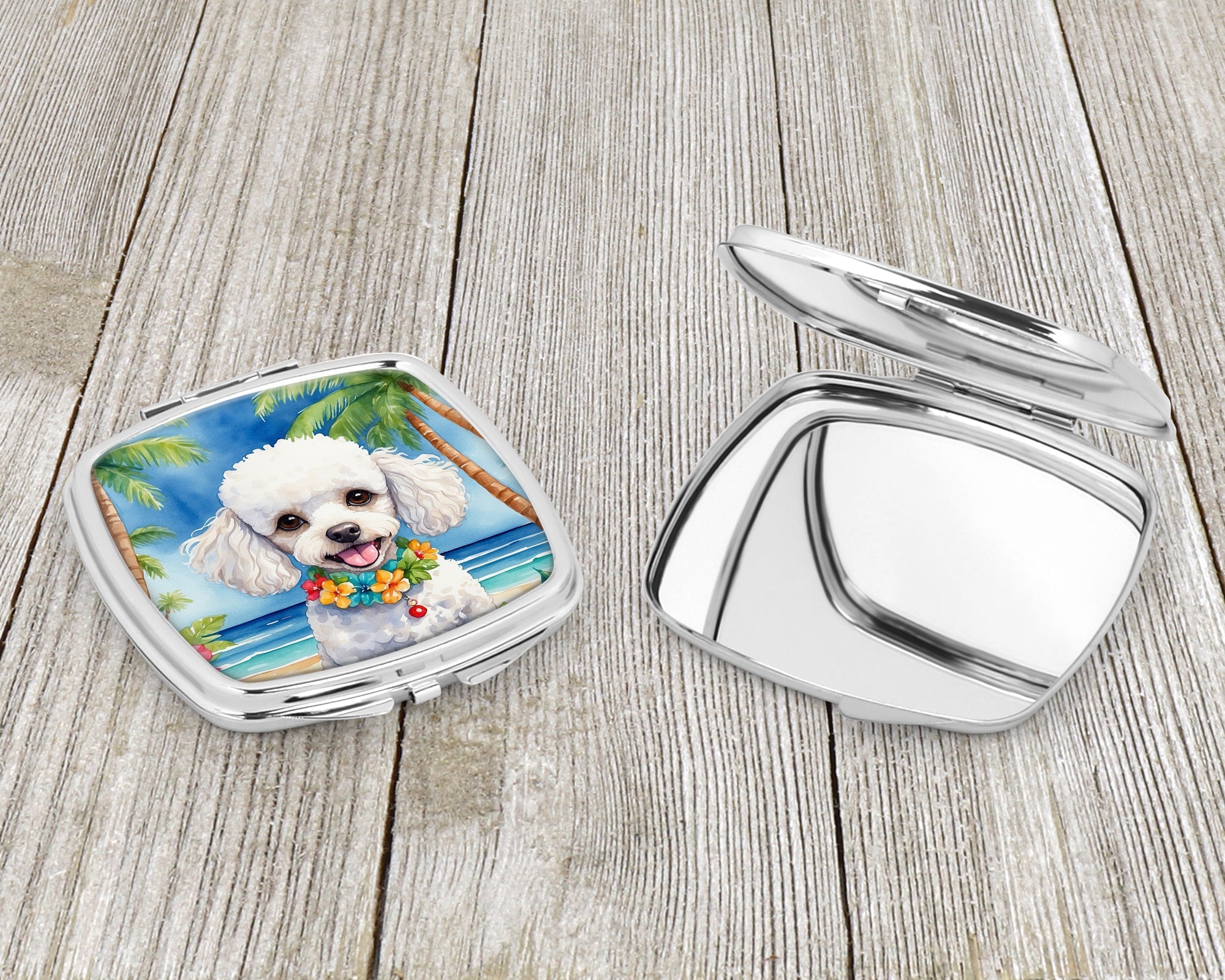 White Poodle Luau Compact Mirror Decorative Travel Makeup Mirror for Women Girls Gifts Pocket Makeup Mirror Folding Handheld