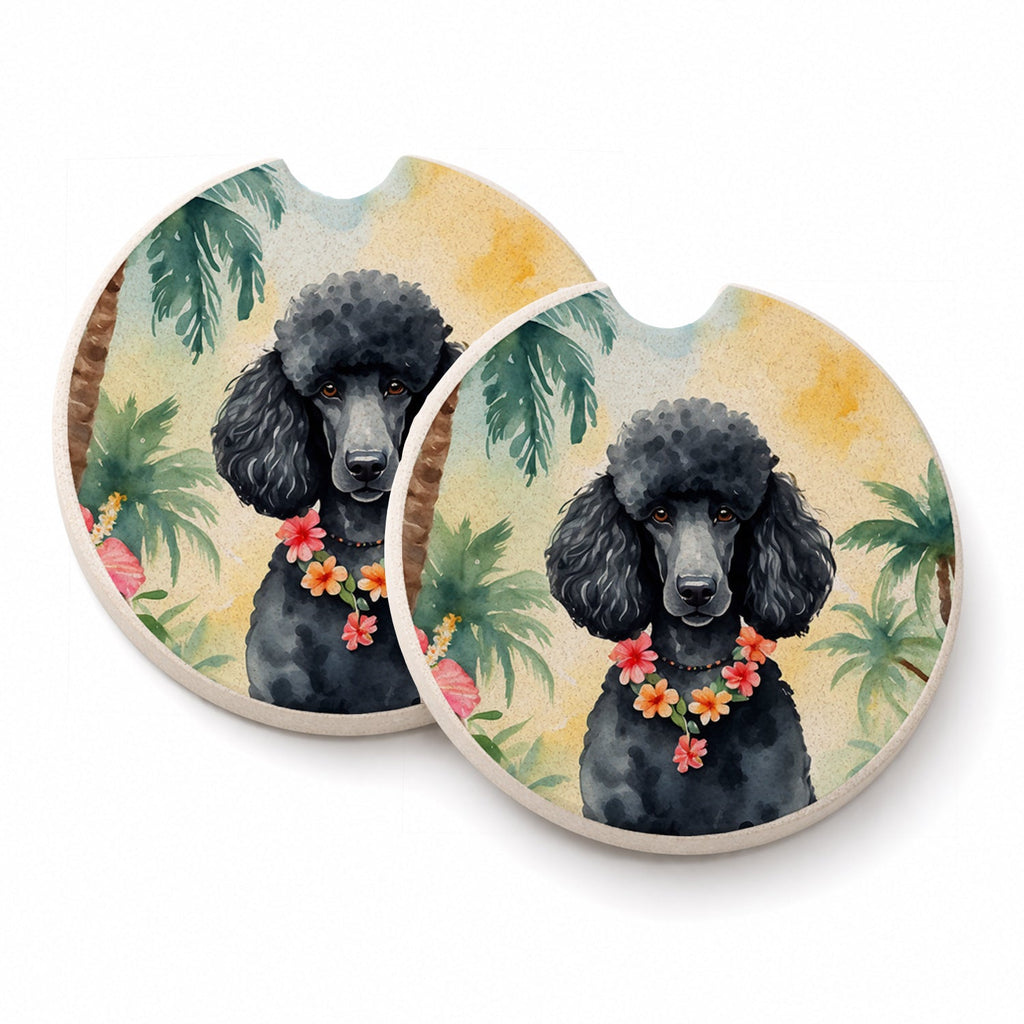Black Poodle Luau Set of 2 Cup Holder Car Coasters Absorbent Round Sandstone Coasters Gifts for Men or Women, 2.5, Multicolor