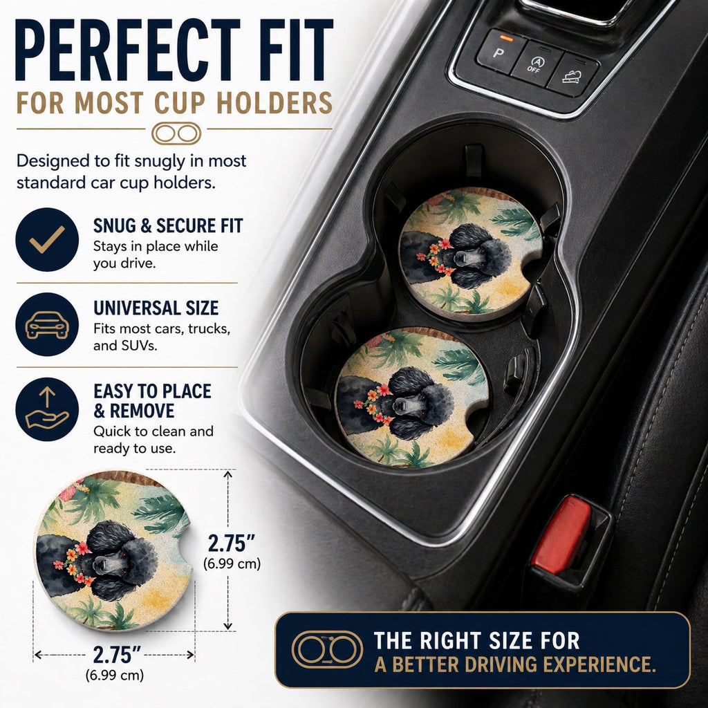 Black Poodle Luau Set of 2 Cup Holder Car Coasters Absorbent Round Sandstone Coasters Gifts for Men or Women, 2.5, Multicolor