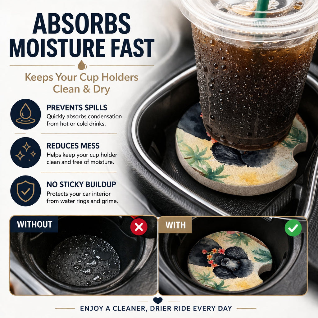 Black Poodle Luau Set of 2 Cup Holder Car Coasters Absorbent Round Sandstone Coasters Gifts for Men or Women, 2.5, Multicolor