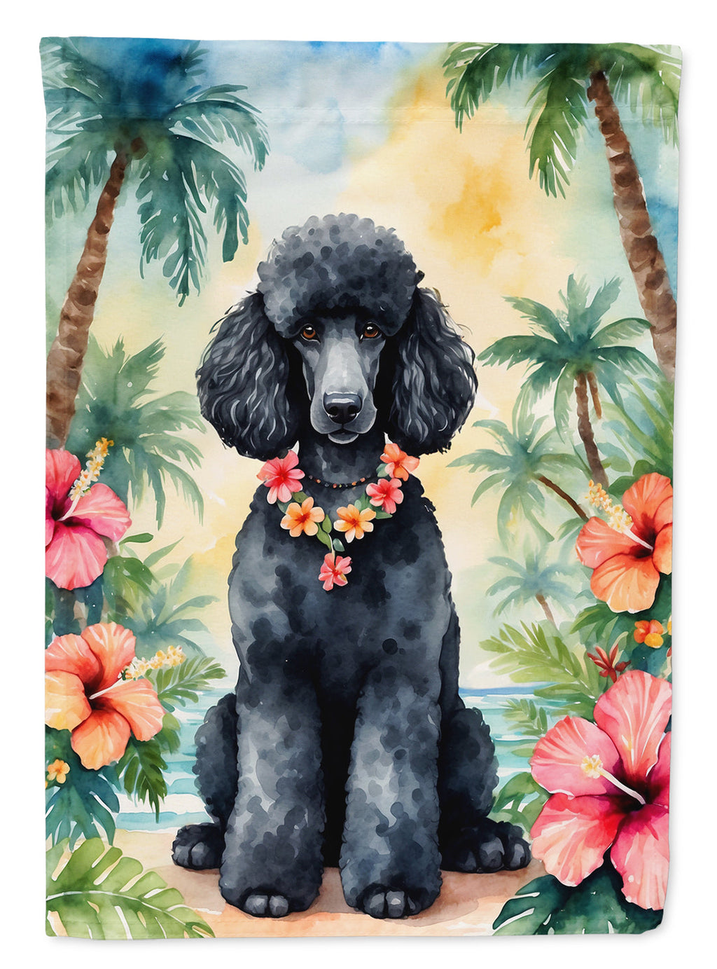 Black Poodle Luau House Flag 28x40 Porch Sleeve Pole Decorative Outside Yard Banner Artwork Wall Hanging, Polyester