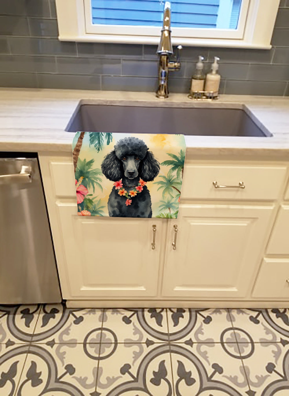 Black Poodle Luau Kitchen Towel Velour Plush Front and Cotton Loop Back Machine Washable