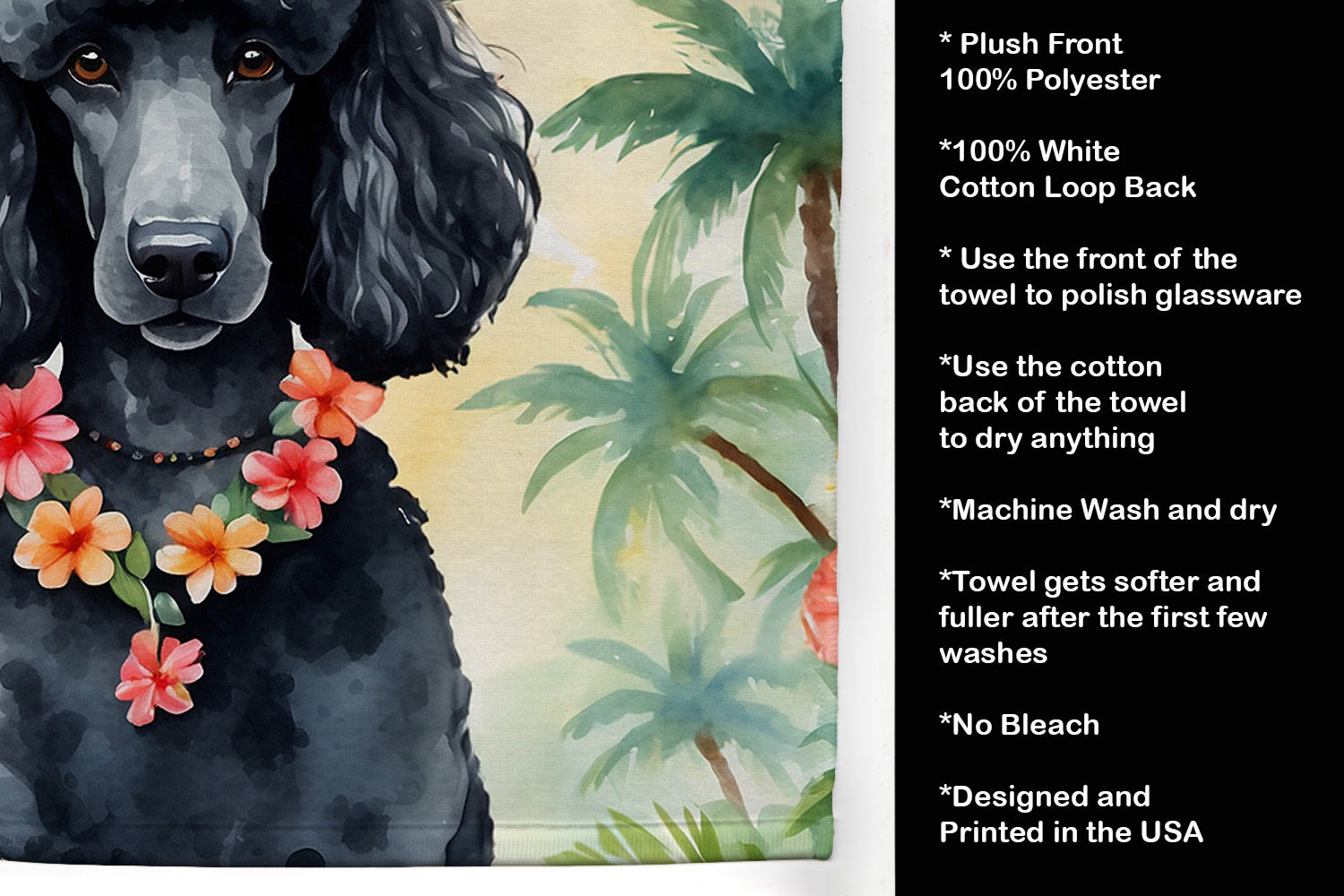 Black Poodle Luau Kitchen Towel Velour Plush Front and Cotton Loop Back Machine Washable