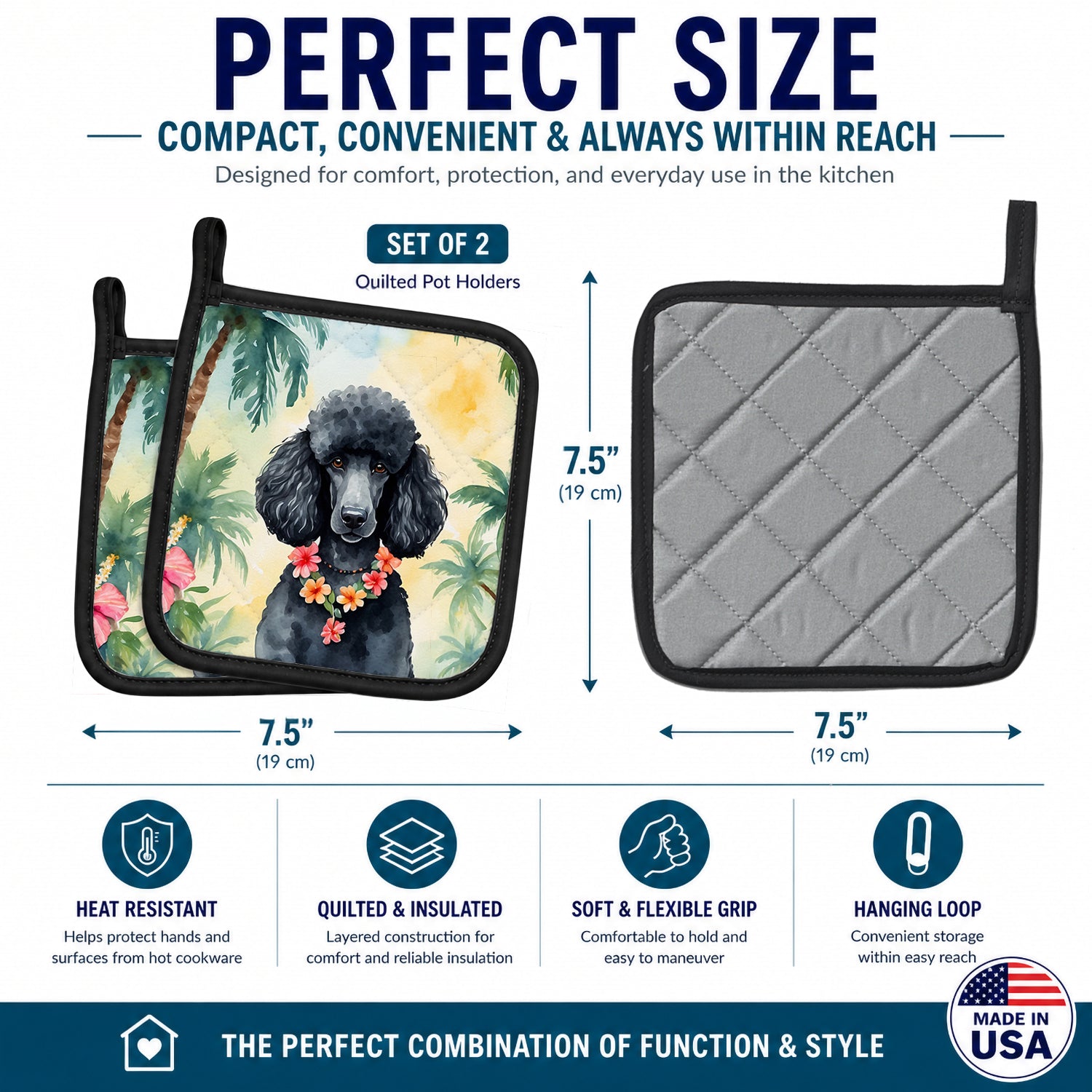Black Poodle Luau Pot Holder Set of 2 Heat Resistant Quilted Hot Pads 7.5 x 7.5 Inch, Insulated Kitchen Trivets for Cooking & Baking