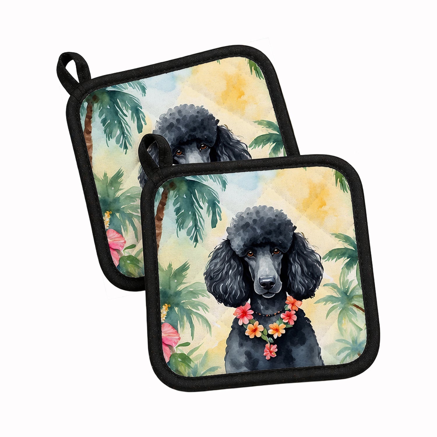 Black Poodle Luau Pot Holder Set of 2 Heat Resistant Quilted Hot Pads 7.5 x 7.5 Inch, Insulated Kitchen Trivets for Cooking & Baking