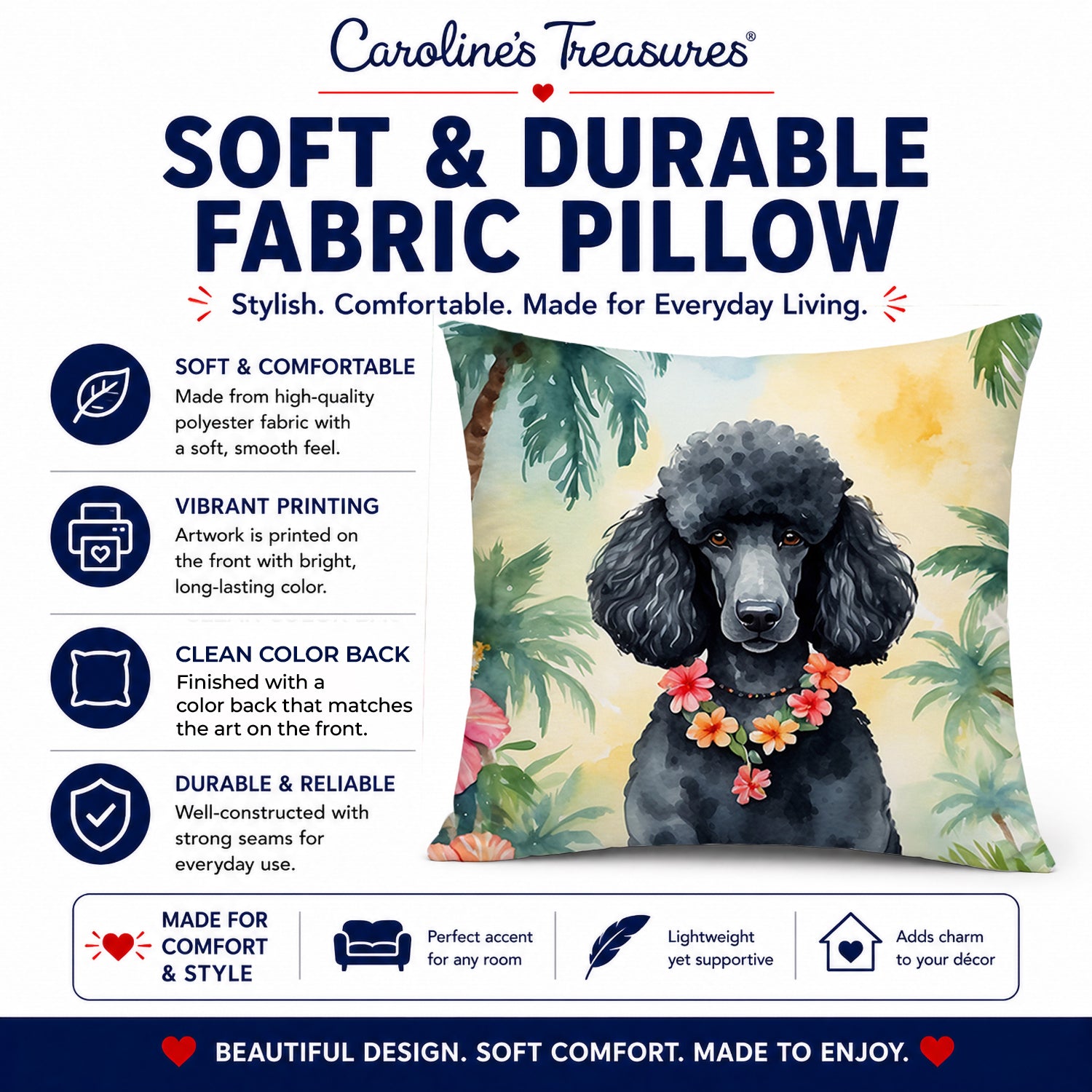 Black Poodle Luau Decorative Throw Pillow 14x14 Indoor Outdoor Accent Cushion, Fabric Cover with Insert for Sofa, Bed, Porch & Living Room