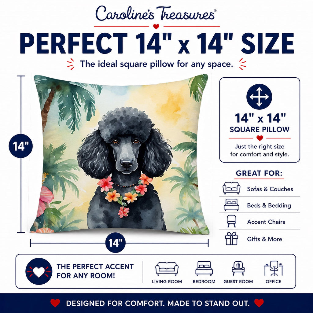 Black Poodle Luau Decorative Throw Pillow 14x14 Indoor Outdoor Accent Cushion, Fabric Cover with Insert for Sofa, Bed, Porch & Living Room