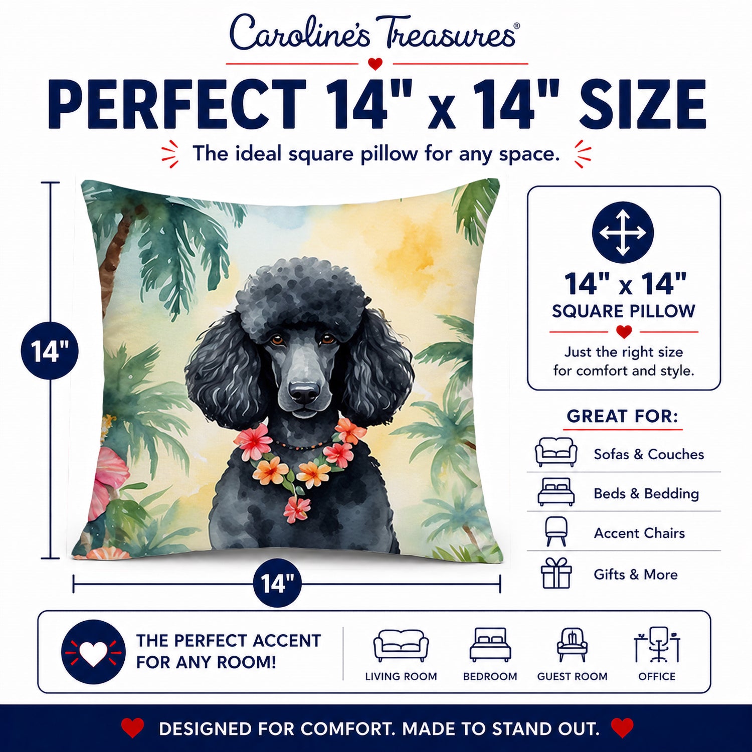 Black Poodle Luau Decorative Throw Pillow 14x14 Indoor Outdoor Accent Cushion, Fabric Cover with Insert for Sofa, Bed, Porch & Living Room