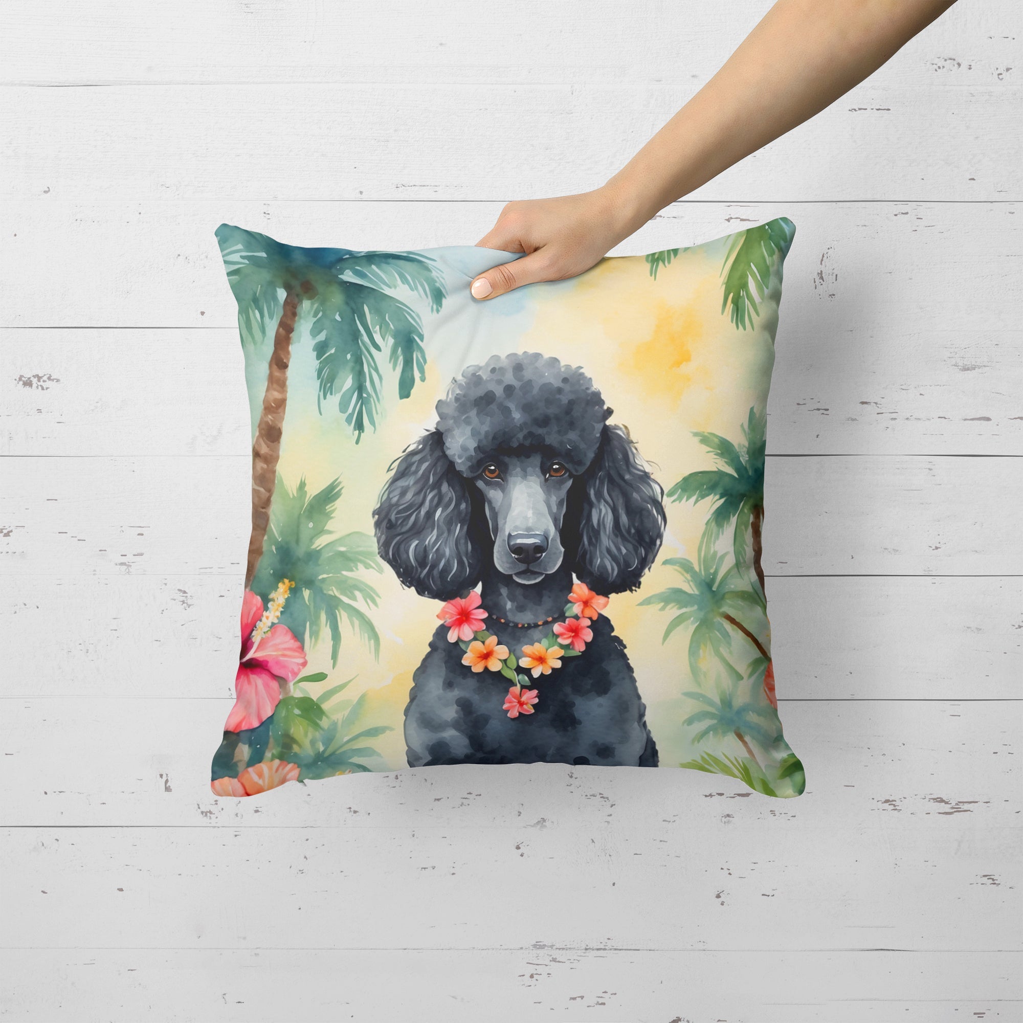 Black Poodle Luau Decorative Throw Pillow 18x18 Indoor Outdoor Accent Cushion, Fabric Cover with Insert for Sofa, Bed, Porch & Living Room