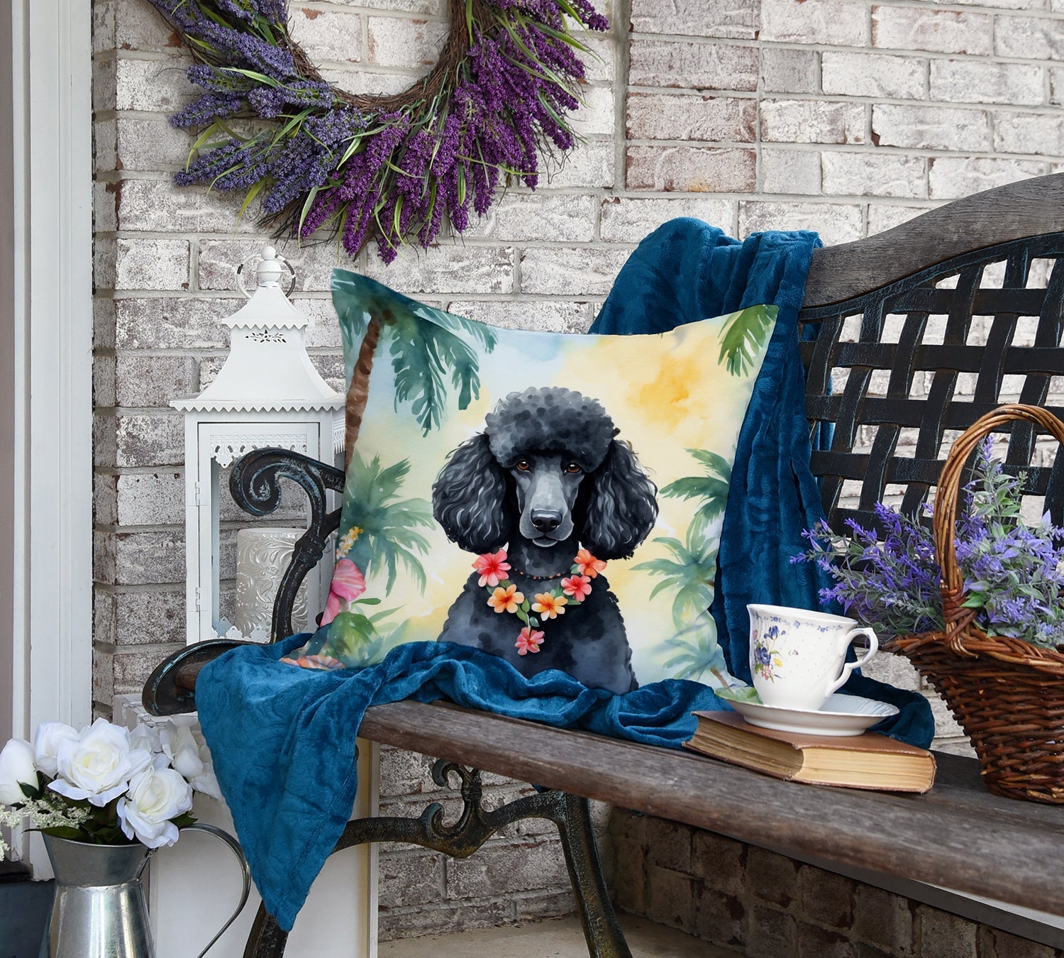 Black Poodle Luau Decorative Throw Pillow 18x18 Indoor Outdoor Accent Cushion, Fabric Cover with Insert for Sofa, Bed, Porch & Living Room