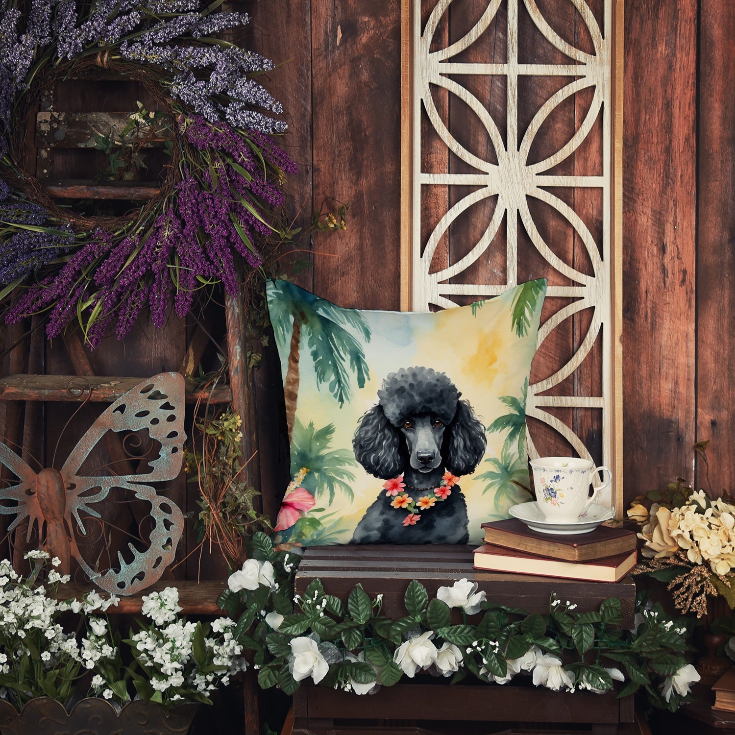 Black Poodle Luau Decorative Throw Pillow 18x18 Indoor Outdoor Accent Cushion, Fabric Cover with Insert for Sofa, Bed, Porch & Living Room