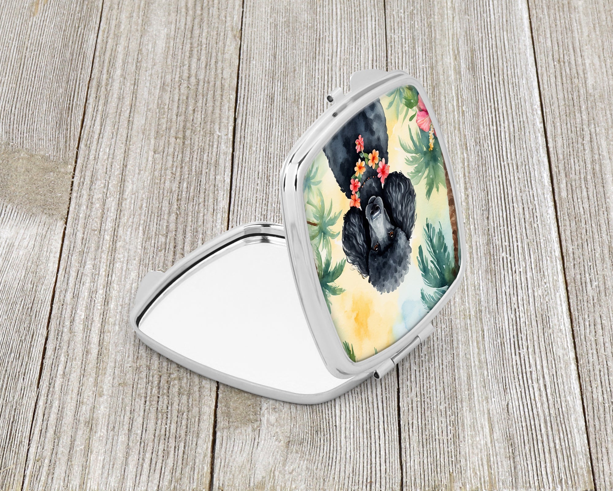 Black Poodle Luau Compact Mirror Decorative Travel Makeup Mirror for Women Girls Gifts Pocket Makeup Mirror Folding Handheld