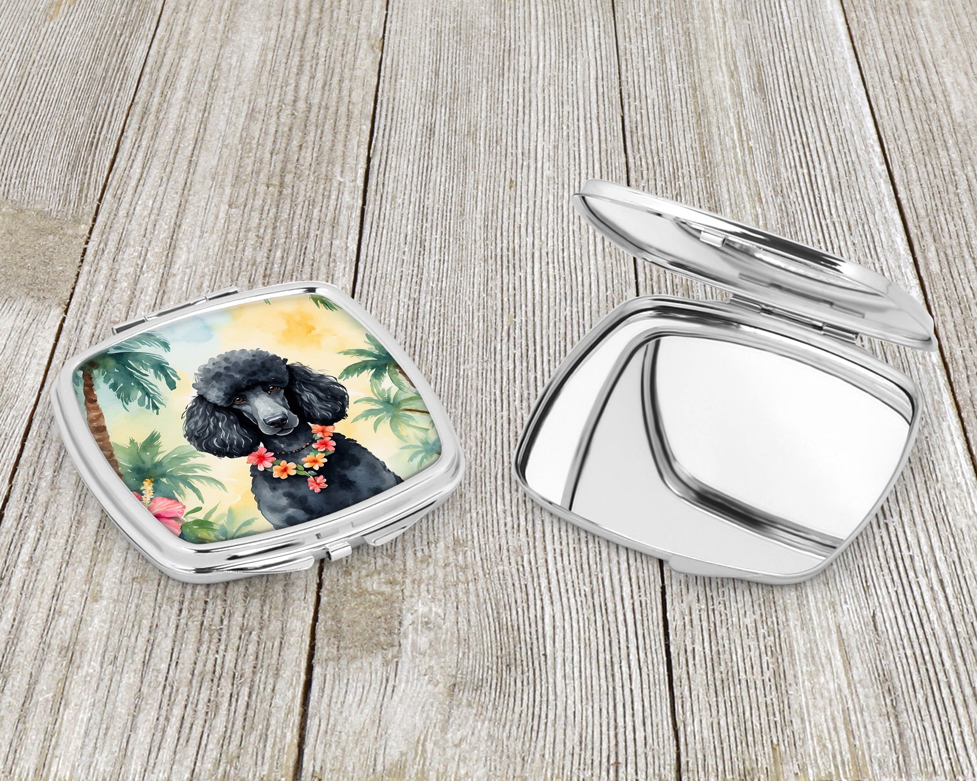Black Poodle Luau Compact Mirror Decorative Travel Makeup Mirror for Women Girls Gifts Pocket Makeup Mirror Folding Handheld