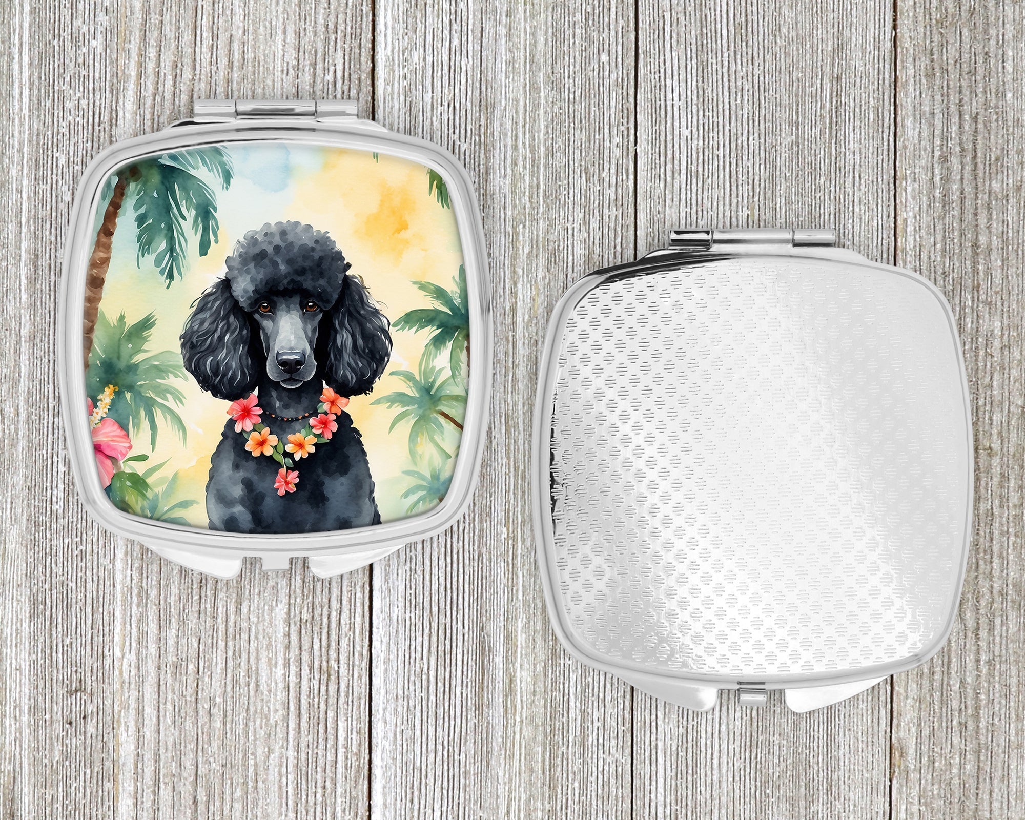 Black Poodle Luau Compact Mirror Decorative Travel Makeup Mirror for Women Girls Gifts Pocket Makeup Mirror Folding Handheld