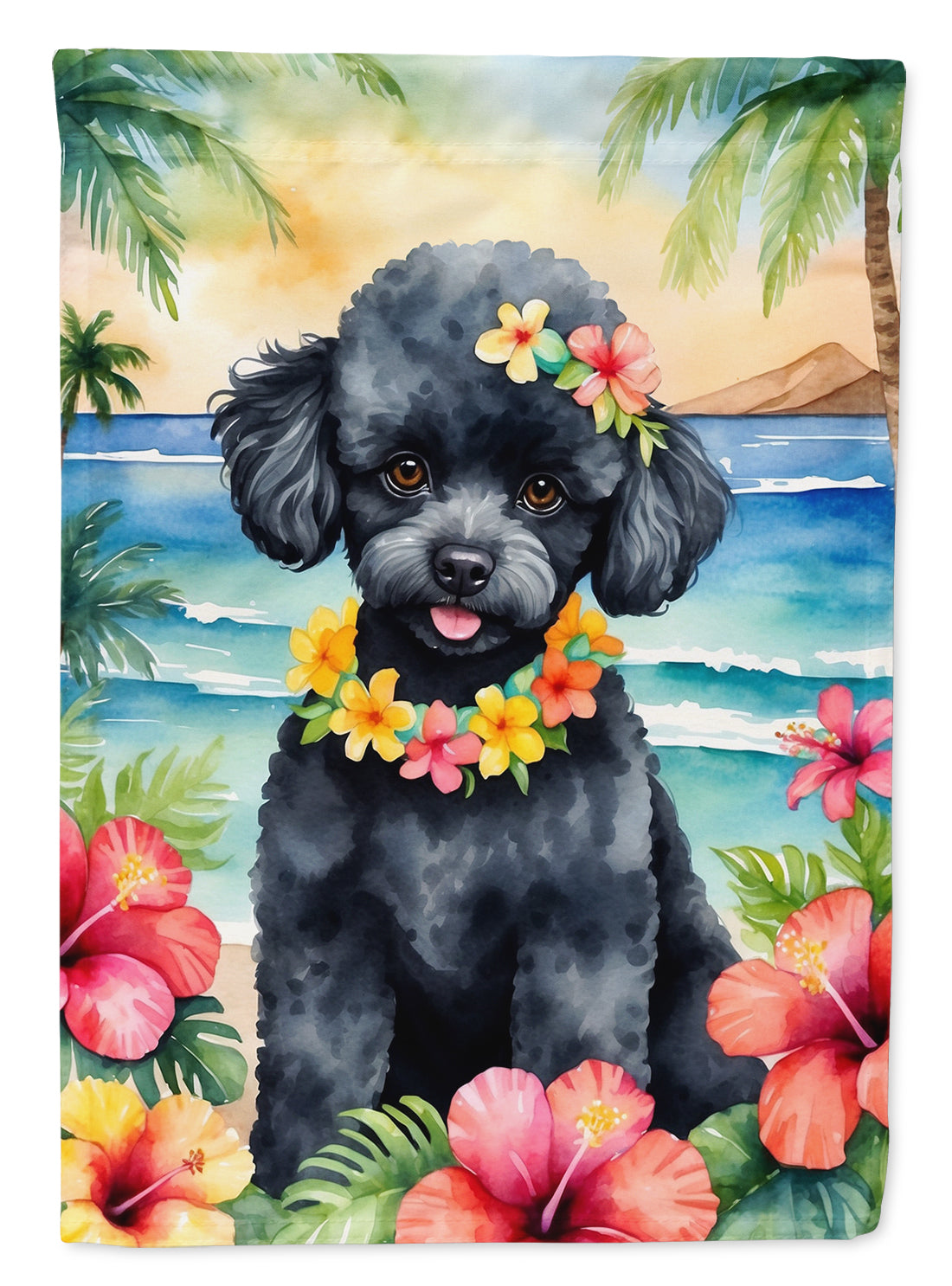 Black Poodle Luau House Flag 28x40 Porch Sleeve Pole Decorative Outside Yard Banner Artwork Wall Hanging, Polyester