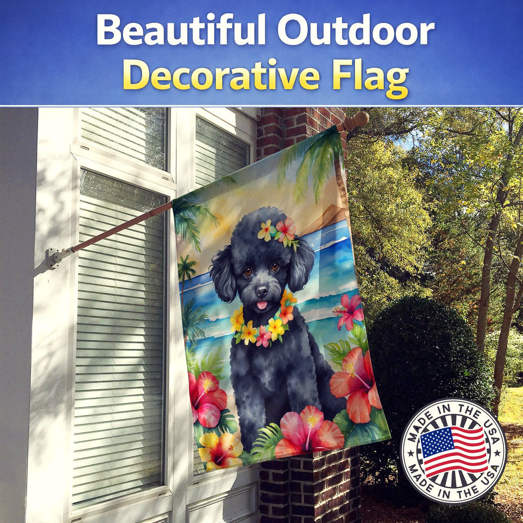 Black Poodle Luau House Flag 28x40 Porch Sleeve Pole Decorative Outside Yard Banner Artwork Wall Hanging, Polyester