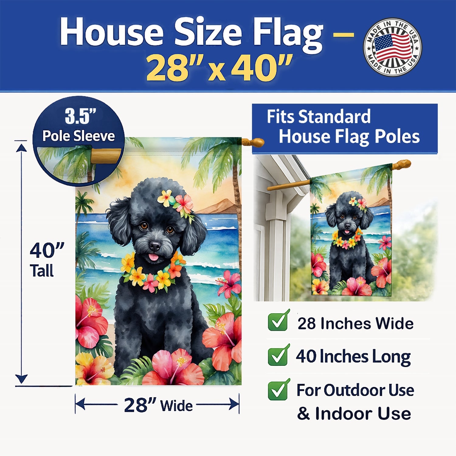 Black Poodle Luau House Flag 28x40 Porch Sleeve Pole Decorative Outside Yard Banner Artwork Wall Hanging, Polyester