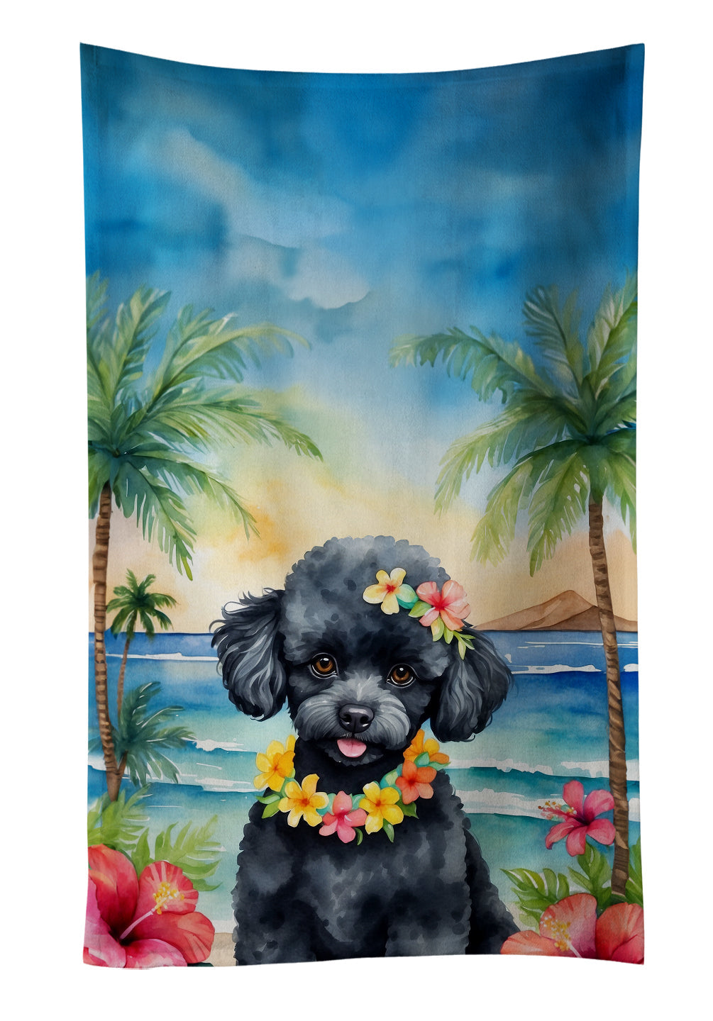 Black Poodle Luau Kitchen Towel Velour Plush Front and Cotton Loop Back Machine Washable