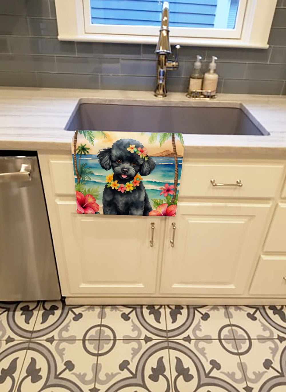 Black Poodle Luau Kitchen Towel Velour Plush Front and Cotton Loop Back Machine Washable