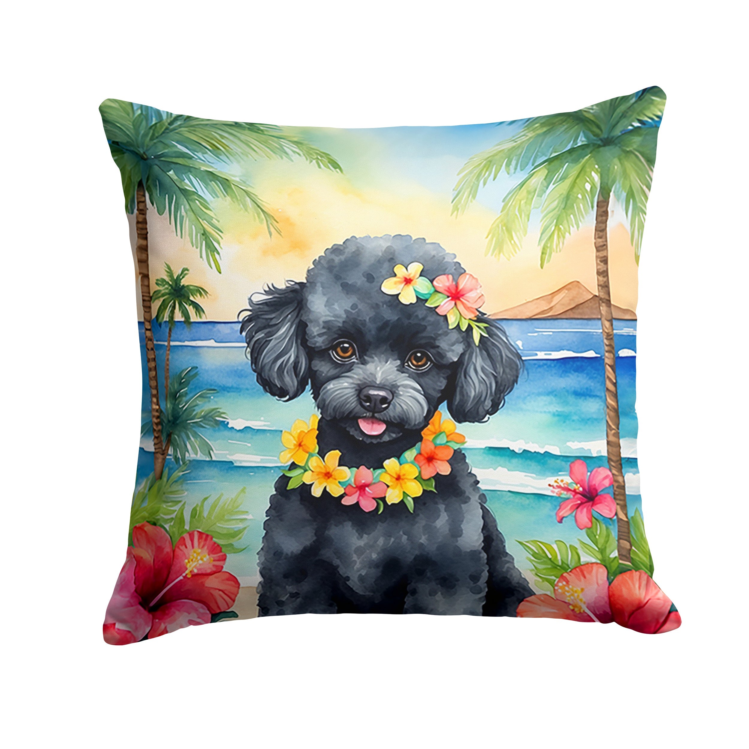 Black Poodle Luau Decorative Throw Pillow 14x14 Indoor Outdoor Accent Cushion, Fabric Cover with Insert for Sofa, Bed, Porch & Living Room