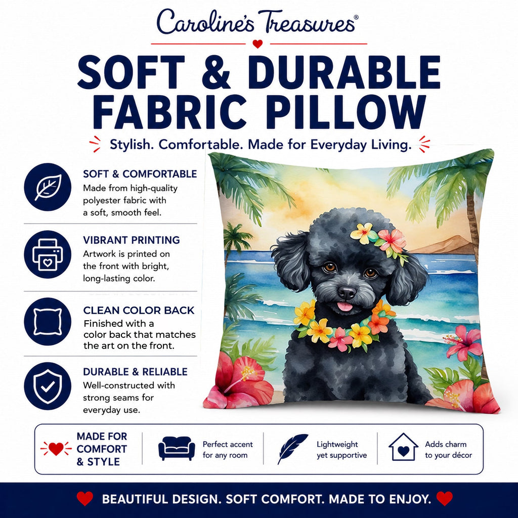 Black Poodle Luau Decorative Throw Pillow 14x14 Indoor Outdoor Accent Cushion, Fabric Cover with Insert for Sofa, Bed, Porch & Living Room