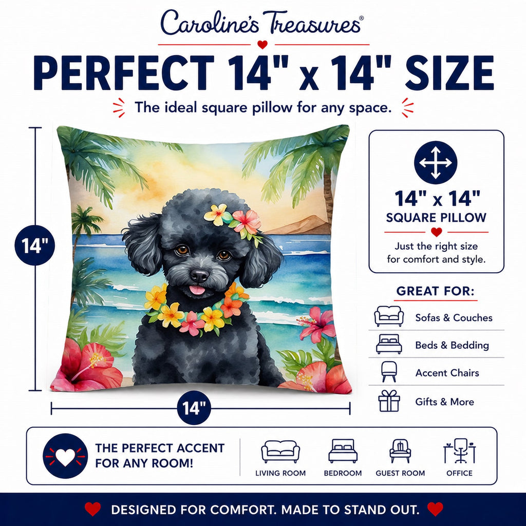 Black Poodle Luau Decorative Throw Pillow 14x14 Indoor Outdoor Accent Cushion, Fabric Cover with Insert for Sofa, Bed, Porch & Living Room