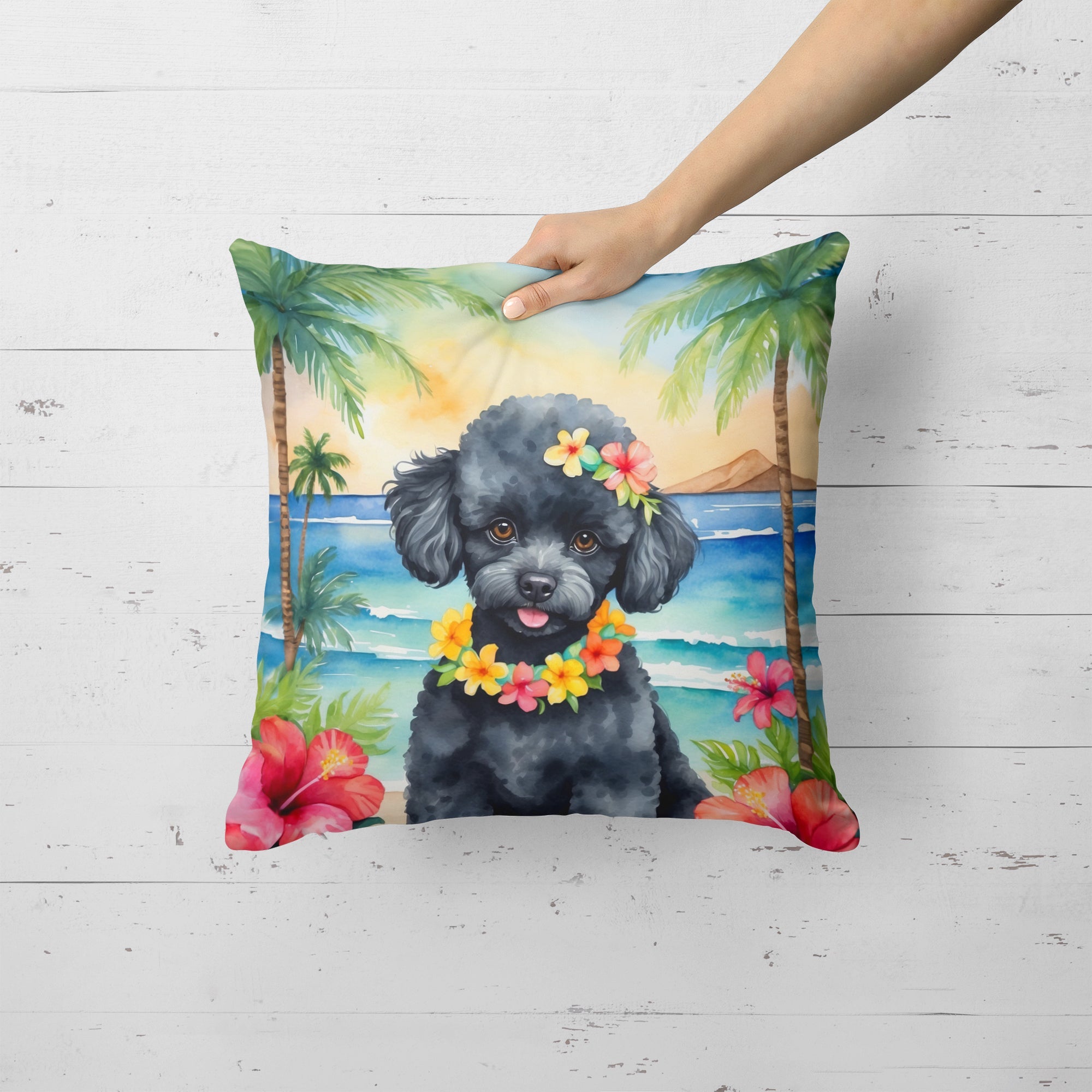 Black Poodle Luau Decorative Throw Pillow 18x18 Indoor Outdoor Accent Cushion, Fabric Cover with Insert for Sofa, Bed, Porch & Living Room