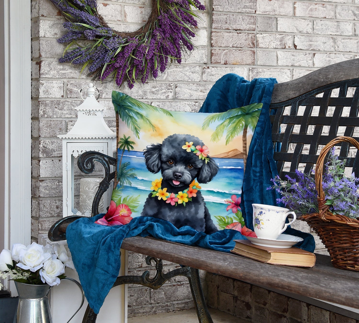 Black Poodle Luau Decorative Throw Pillow 18x18 Indoor Outdoor Accent Cushion, Fabric Cover with Insert for Sofa, Bed, Porch & Living Room