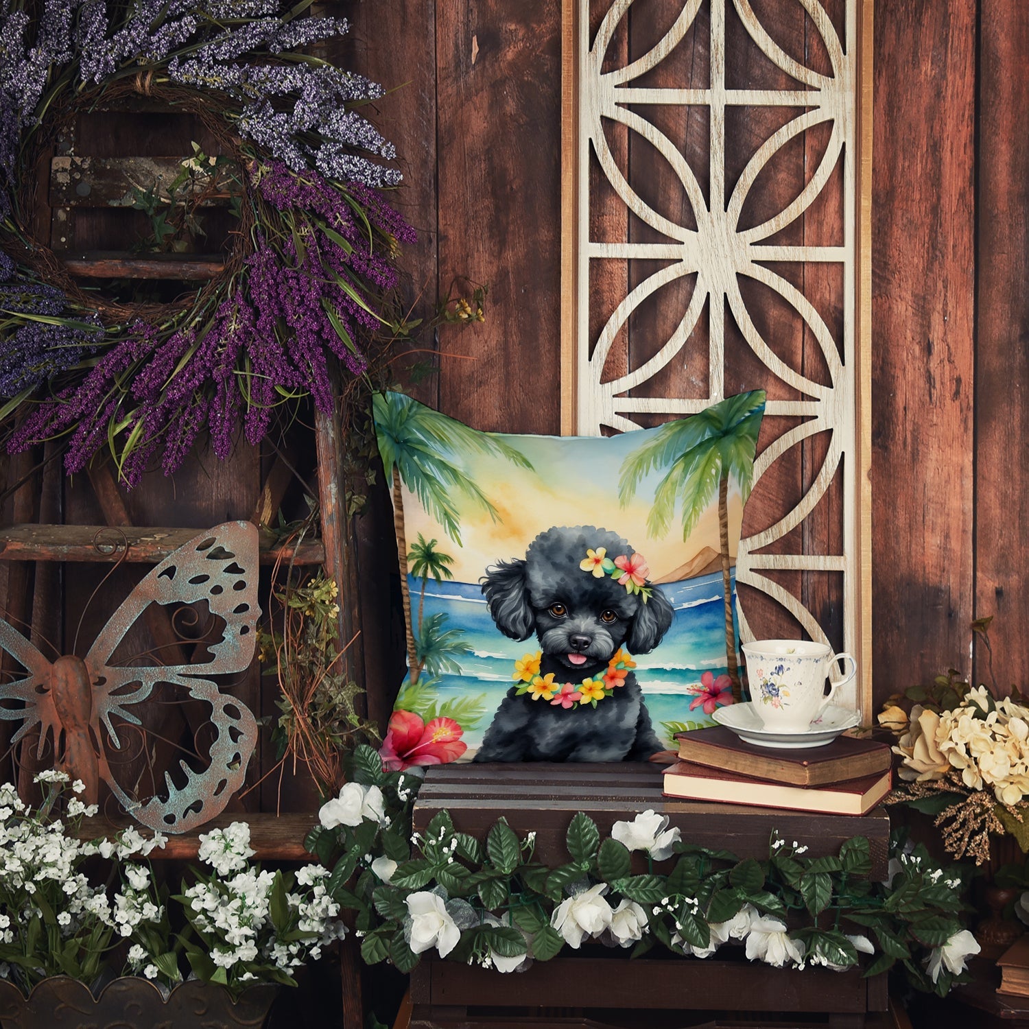 Black Poodle Luau Decorative Throw Pillow 18x18 Indoor Outdoor Accent Cushion, Fabric Cover with Insert for Sofa, Bed, Porch & Living Room