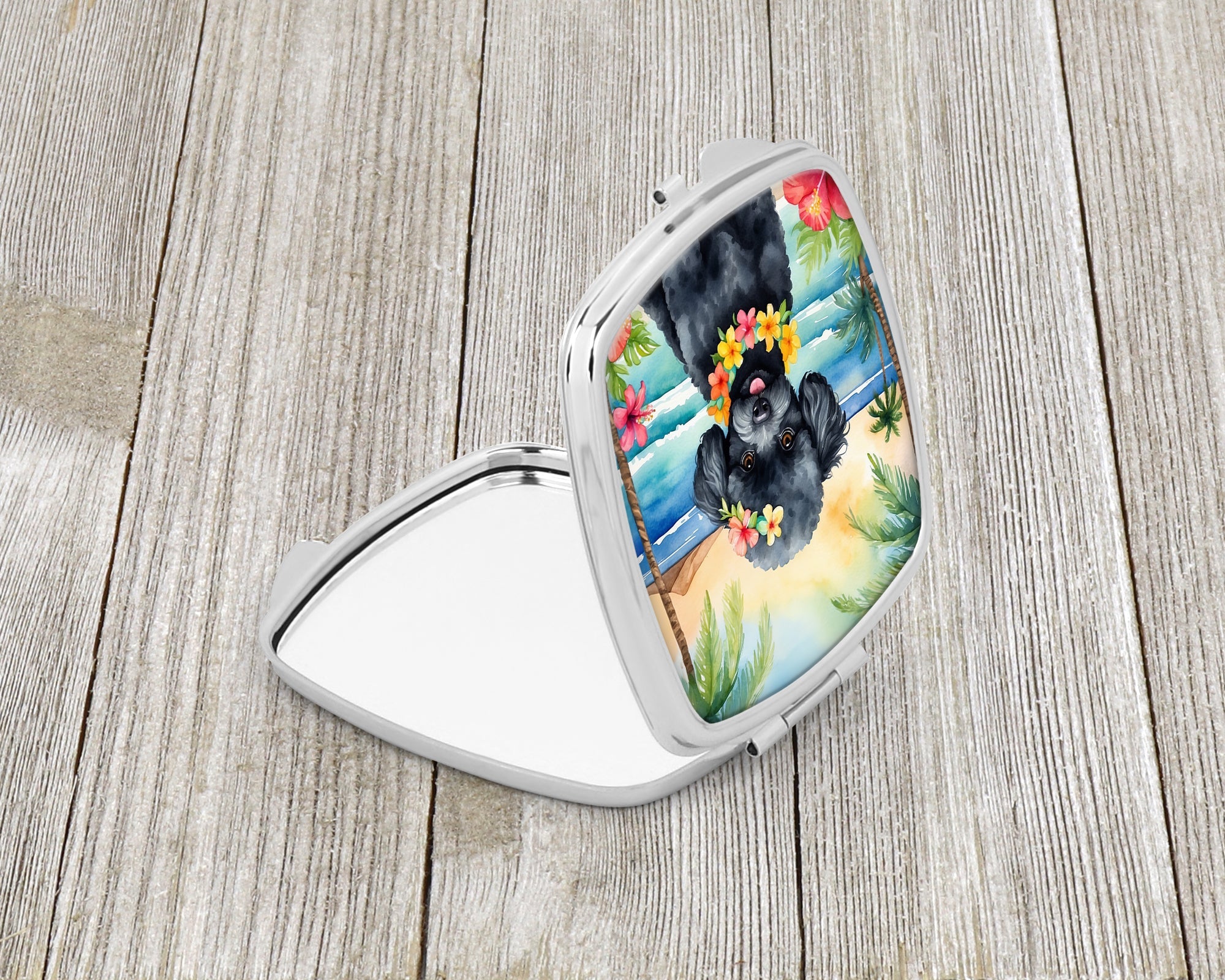 Black Poodle Luau Compact Mirror Decorative Travel Makeup Mirror for Women Girls Gifts Pocket Makeup Mirror Folding Handheld