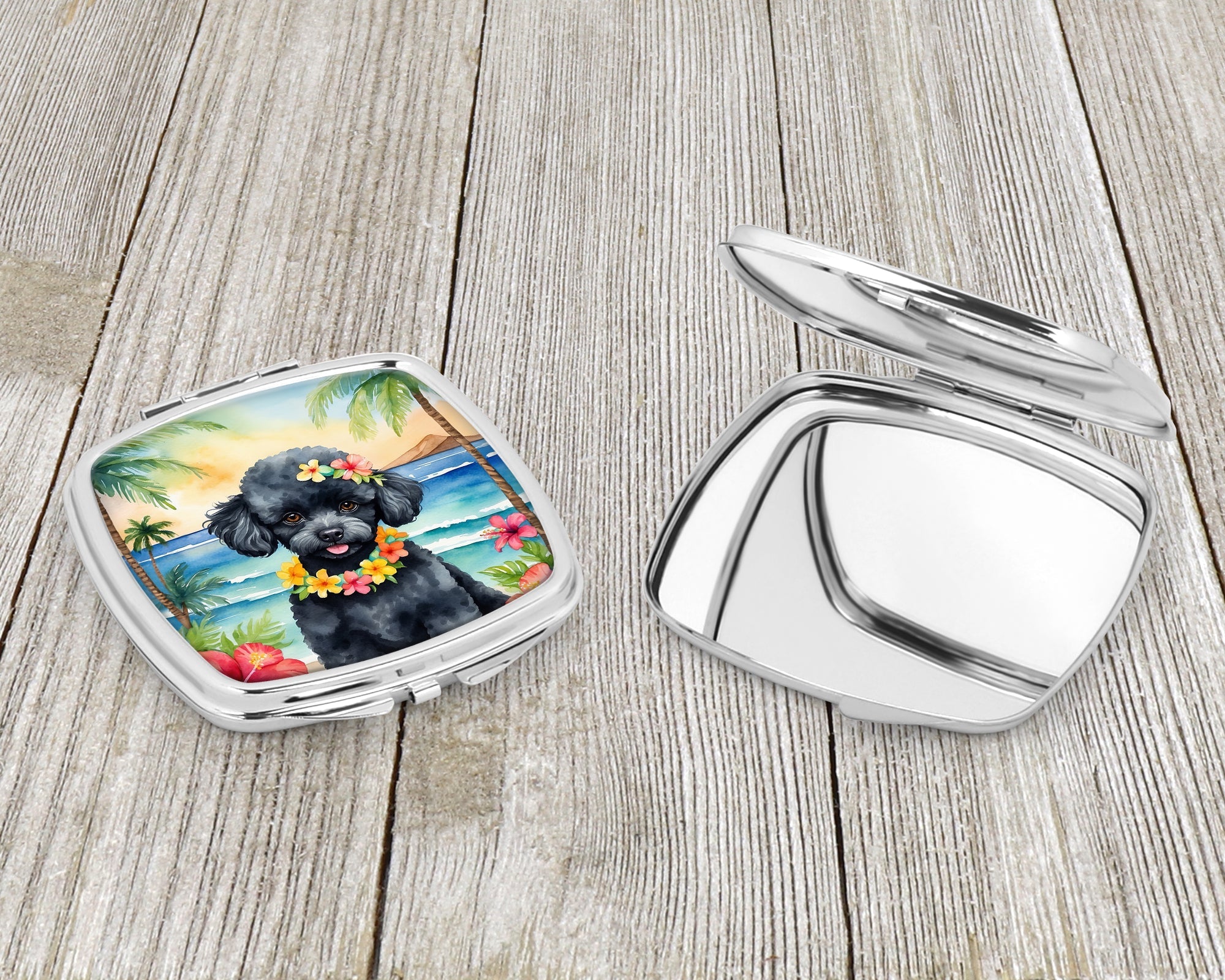 Black Poodle Luau Compact Mirror Decorative Travel Makeup Mirror for Women Girls Gifts Pocket Makeup Mirror Folding Handheld