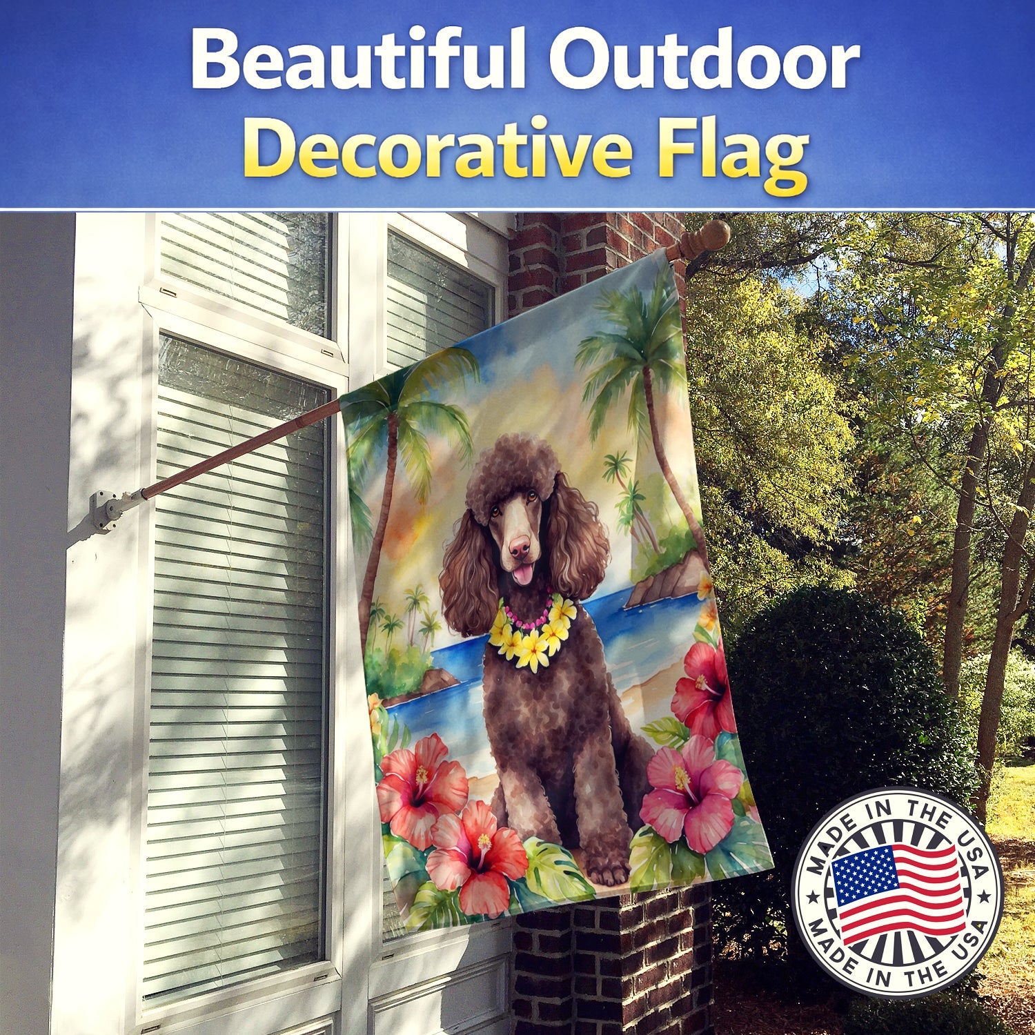 Chocolate Poodle Luau House Flag 28x40 Porch Sleeve Pole Decorative Outside Yard Banner Artwork Wall Hanging, Polyester