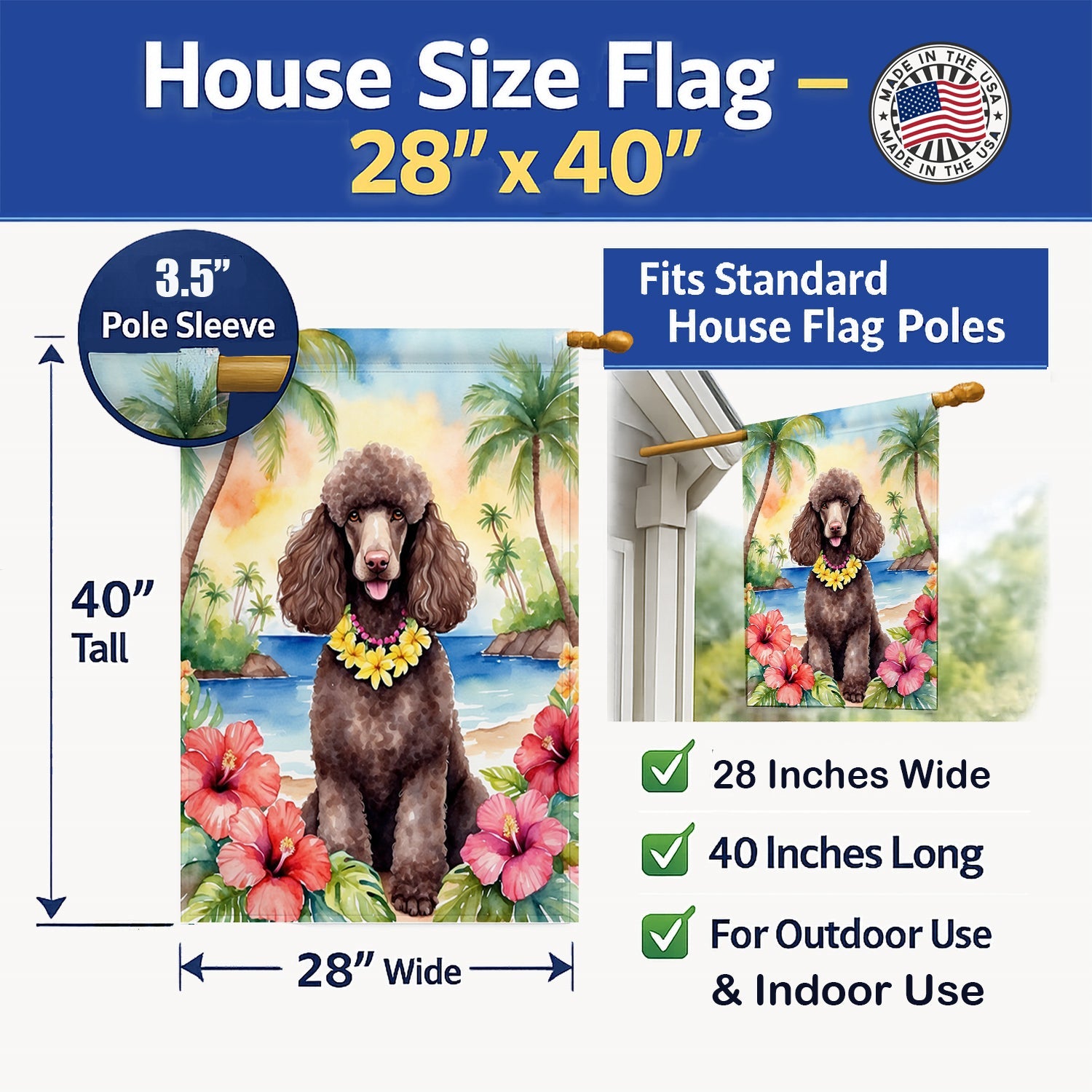 Chocolate Poodle Luau House Flag 28x40 Porch Sleeve Pole Decorative Outside Yard Banner Artwork Wall Hanging, Polyester