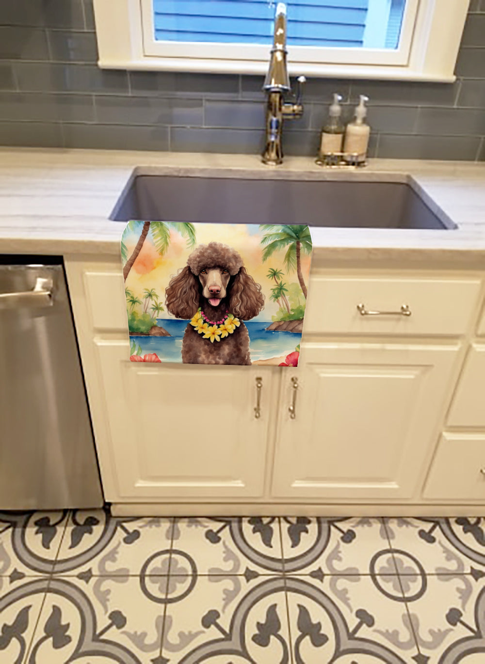 Chocolate Poodle Luau Kitchen Towel Velour Plush Front and Cotton Loop Back Machine Washable