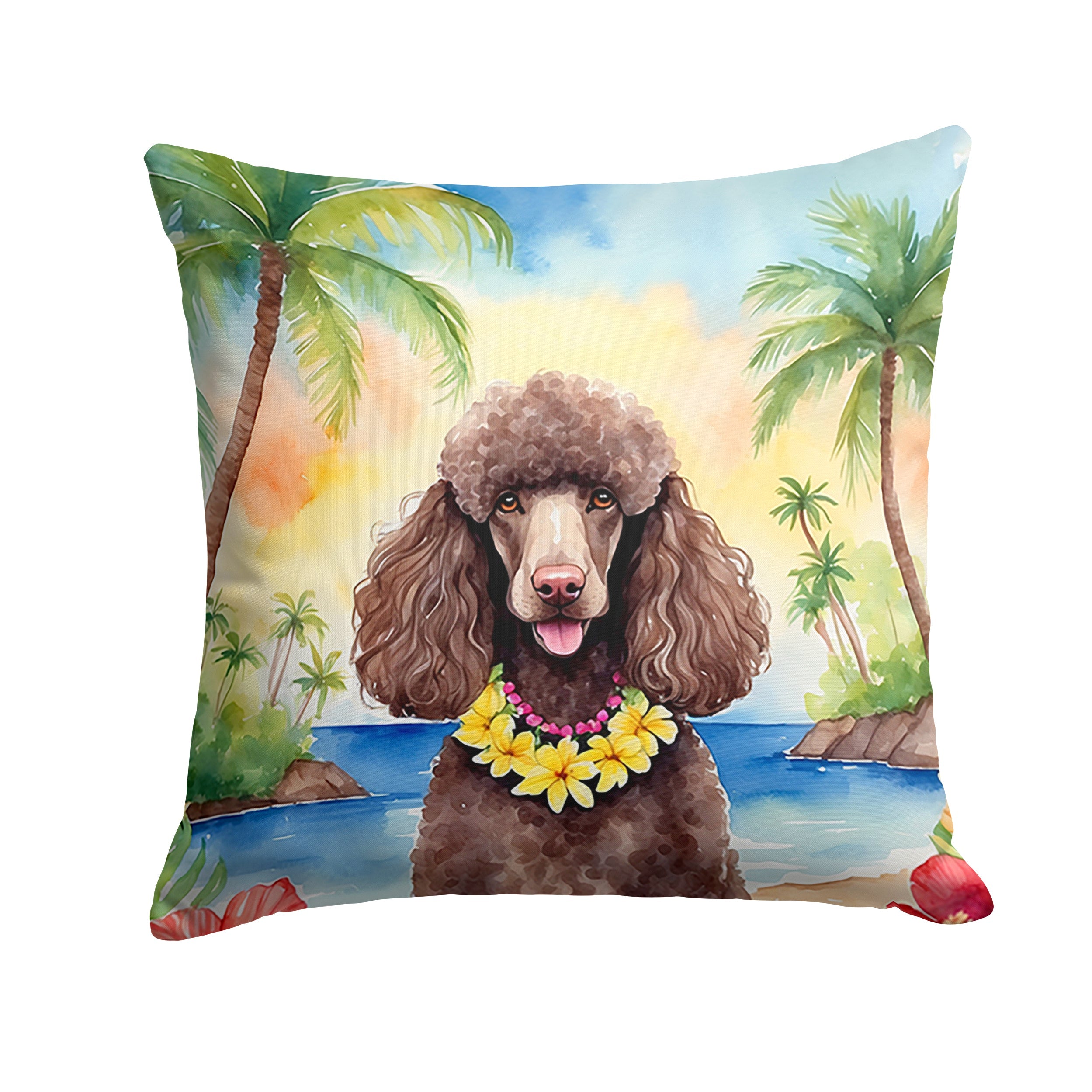 Chocolate Poodle Luau Decorative Throw Pillow 14x14 Indoor Outdoor Accent Cushion, Fabric Cover with Insert for Sofa, Bed, Porch & Living Room
