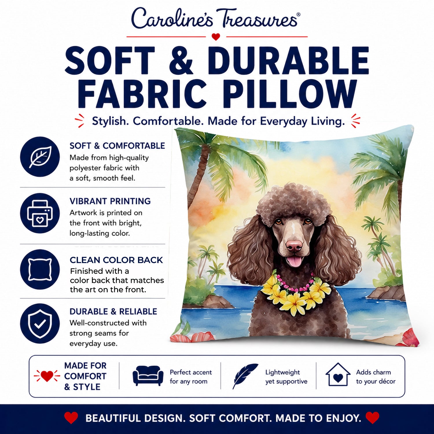 Chocolate Poodle Luau Decorative Throw Pillow 14x14 Indoor Outdoor Accent Cushion, Fabric Cover with Insert for Sofa, Bed, Porch & Living Room