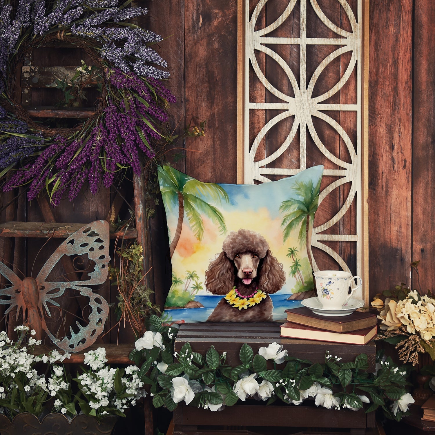 Chocolate Poodle Luau Decorative Throw Pillow 18x18 Indoor Outdoor Accent Cushion, Fabric Cover with Insert for Sofa, Bed, Porch & Living Room