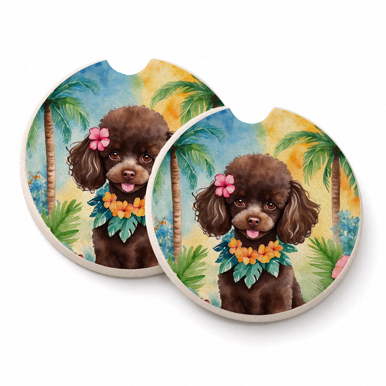Chocolate Poodle Luau Set of 2 Cup Holder Car Coasters Absorbent Round Sandstone Coasters Gifts for Men or Women, 2.5, Multicolor