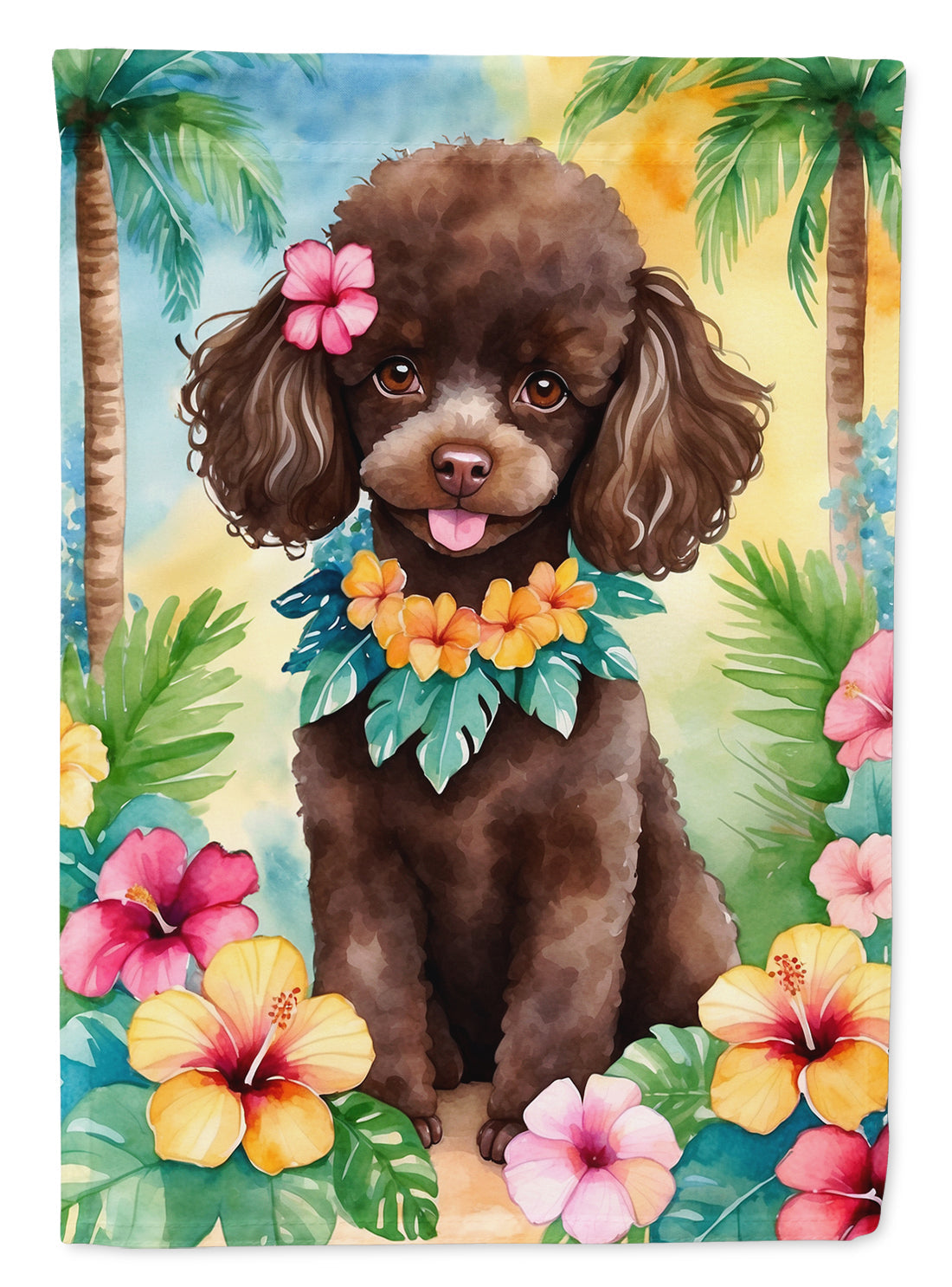 Chocolate Poodle Luau House Flag 28x40 Porch Sleeve Pole Decorative Outside Yard Banner Artwork Wall Hanging, Polyester